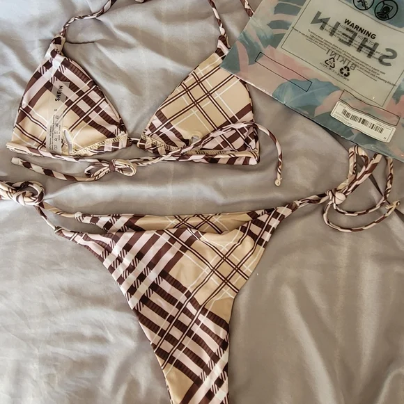 Shein 2 Piece Halter tie Bikini Swimsuit, Brown/Tan, Size Small - Picture 3 of 4